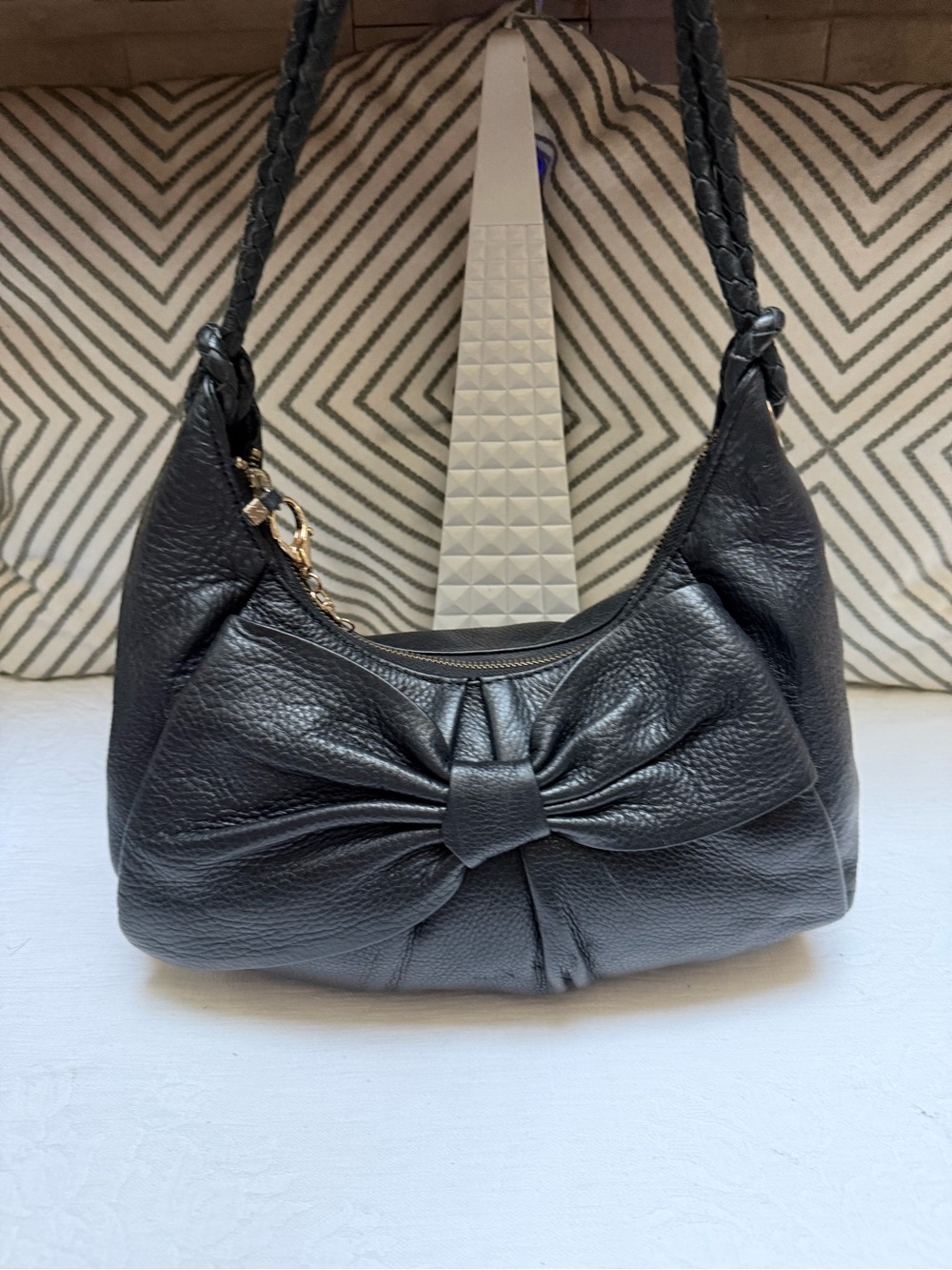 Elliott Lucca Black Leather Bow-Accent Shoulder Satchel - Picture 3 of 12